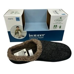 Mens New Isotoner Memory Foam Comfort Slippers Ash Gray Size Large Durable Sole